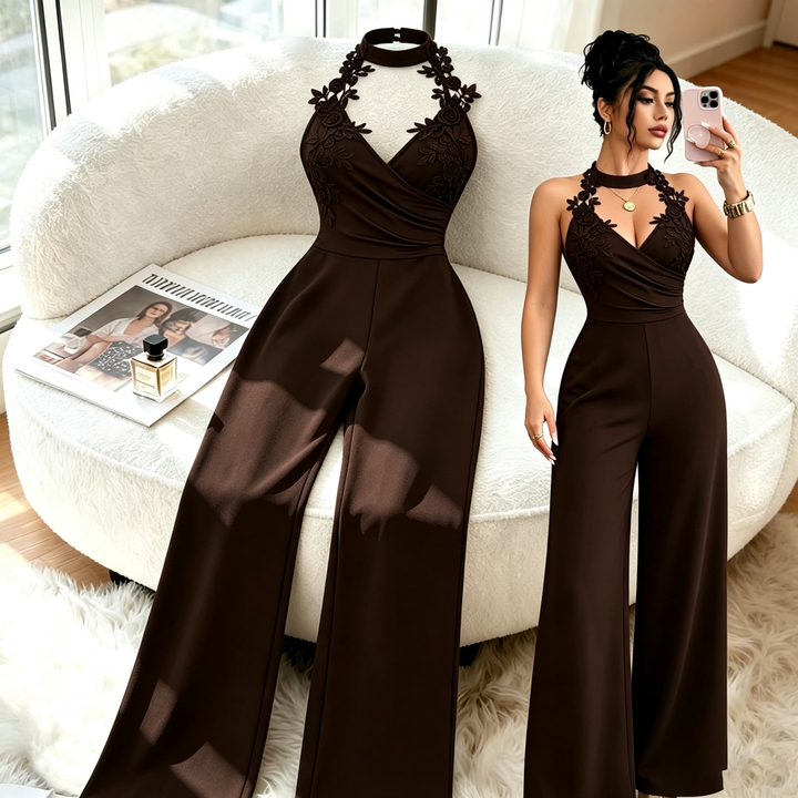 Halter Floral Lace Applique Wide Leg Jumpsuit