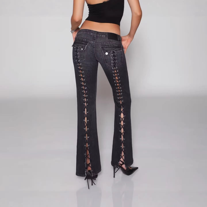 Black Low-Rise Lace-Up Flare Jeans