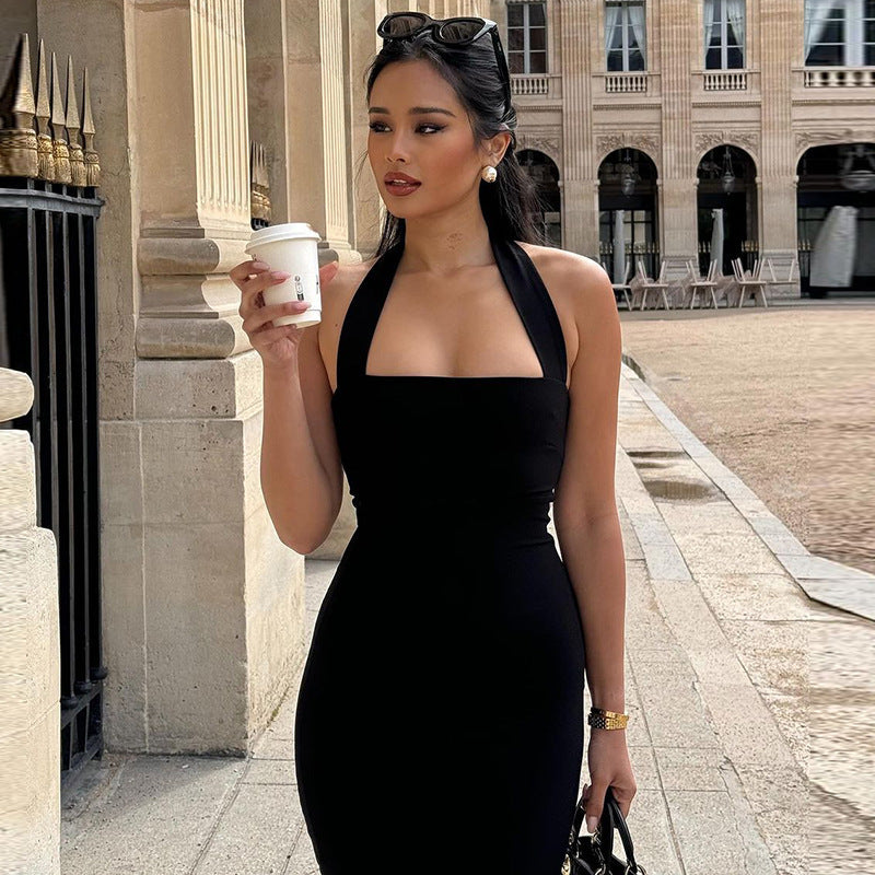 Black Halter Neck Midi Dress, Sleeveless Bodycon Cocktail Dress for Women