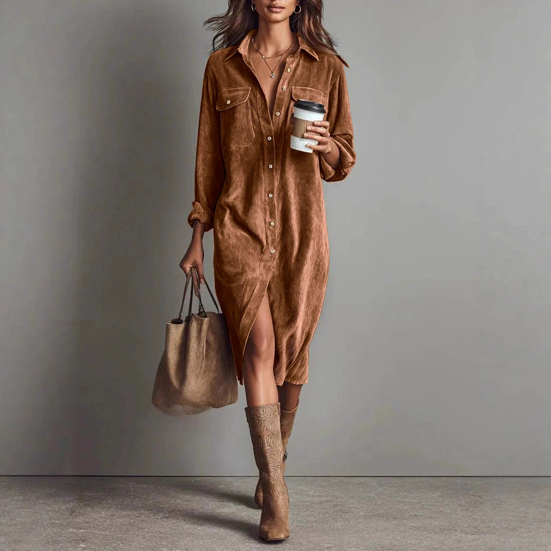 Lapel Pocket Front Slit Shirt Dress