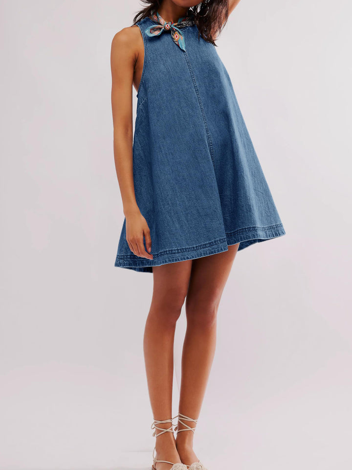 Backless Denim Mini Babydoll Dress with Pockets