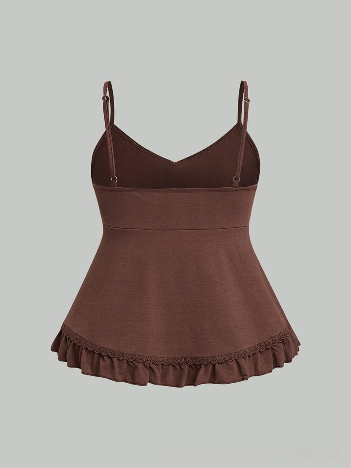 Embroidered Lace Trim Cami Top, Boho Peplum Spaghetti Strap Tank