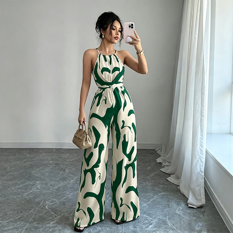 Halter-neck loose-fitting printed wide-leg jumpsuit