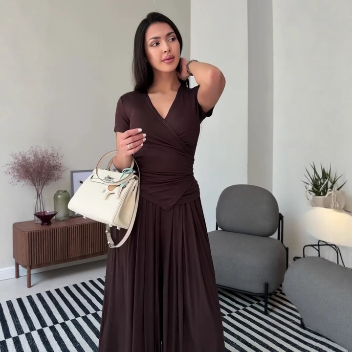 Wrap V Neck Short Sleeve Wide Leg Set