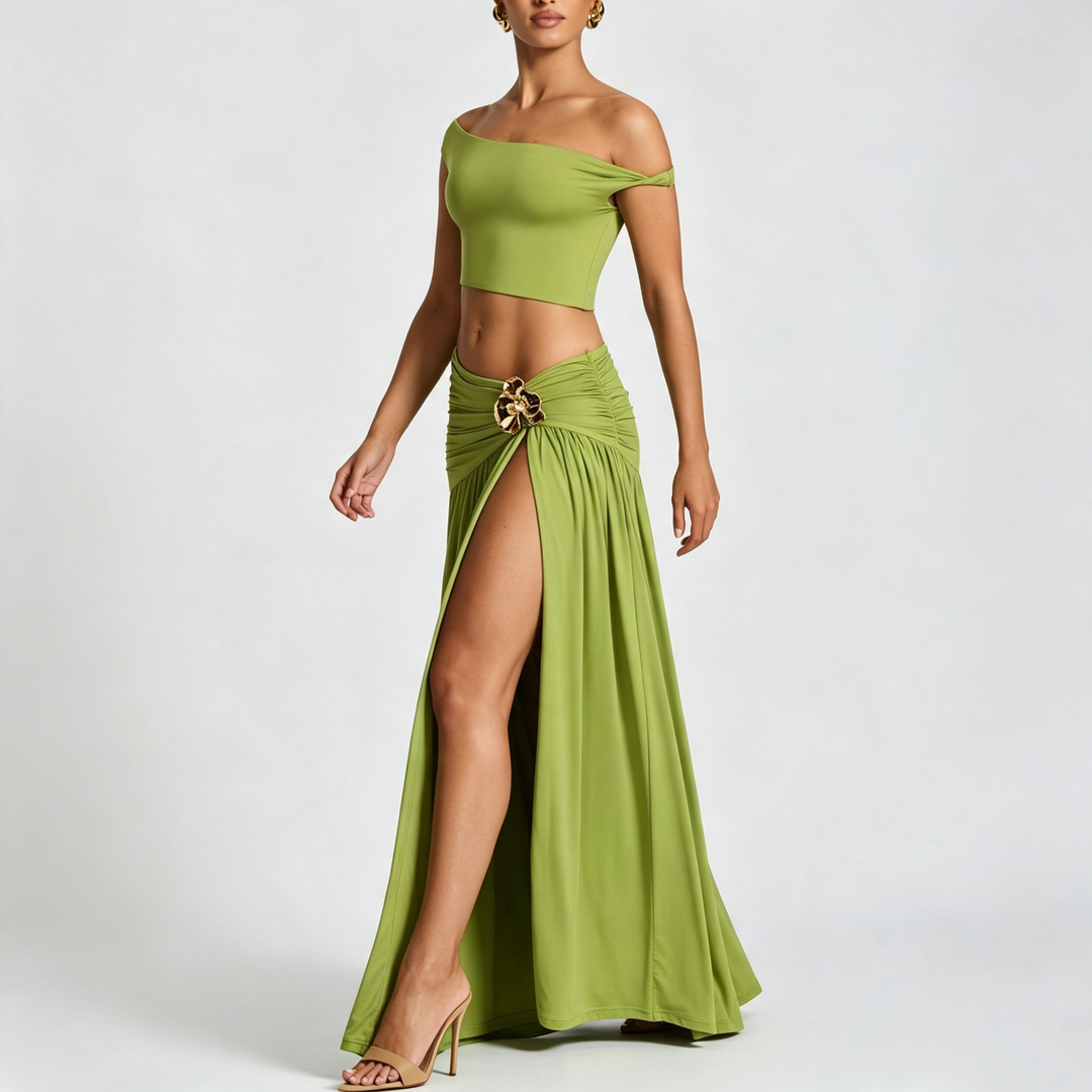 Two-piece set of off-shoulder crop top dress