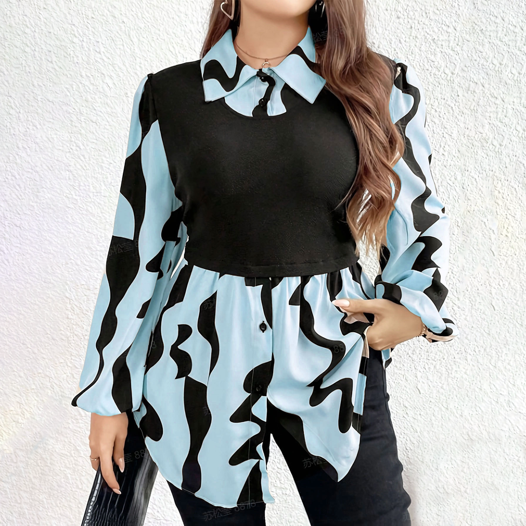 Panel Collar Peplum Abstract Pattern Shirt