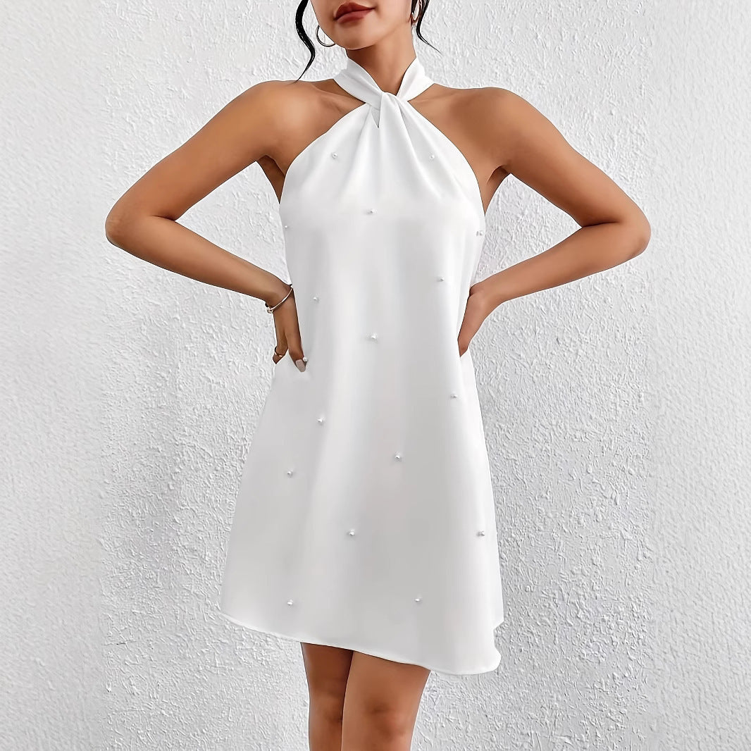 Halter Twist Pearl Embellished Mini Dress | Open Back Bow Tie Satin Babydoll Dress