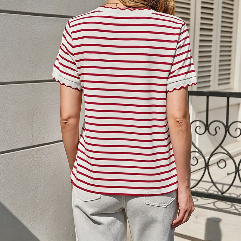 Ribbed crew-neck striped short-sleeve top