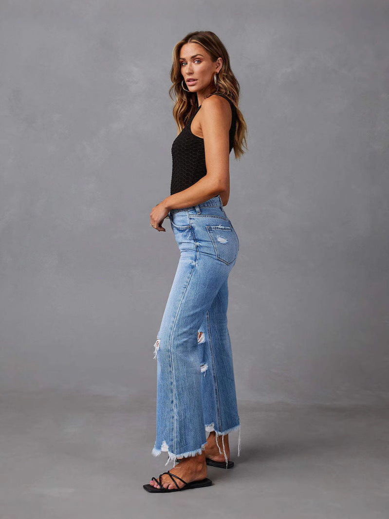 High Waist Distressed Raw Hem Flare Jeans