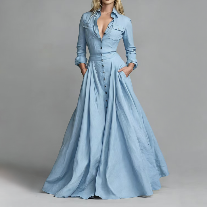 Waist Defined Button Front Maxi Shirt Gown
