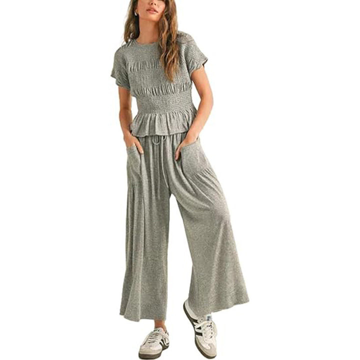 Beige Linen-Blend Smocked Peplum Top &amp;amp; Wide-Leg Pants Set
