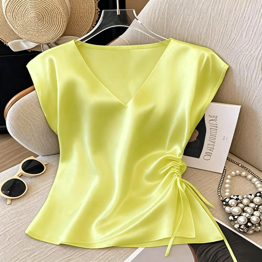 Satin V Neck Cap Sleeve Drawstring Top