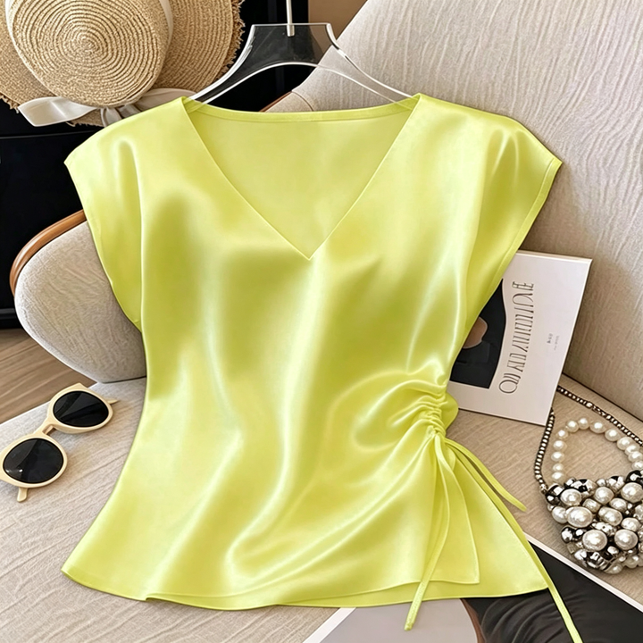 Satin V Neck Cap Sleeve Drawstring Top