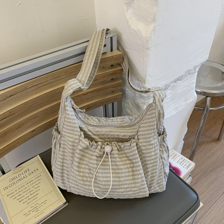 Drawstring Checkered Hobo Shoulder Bag