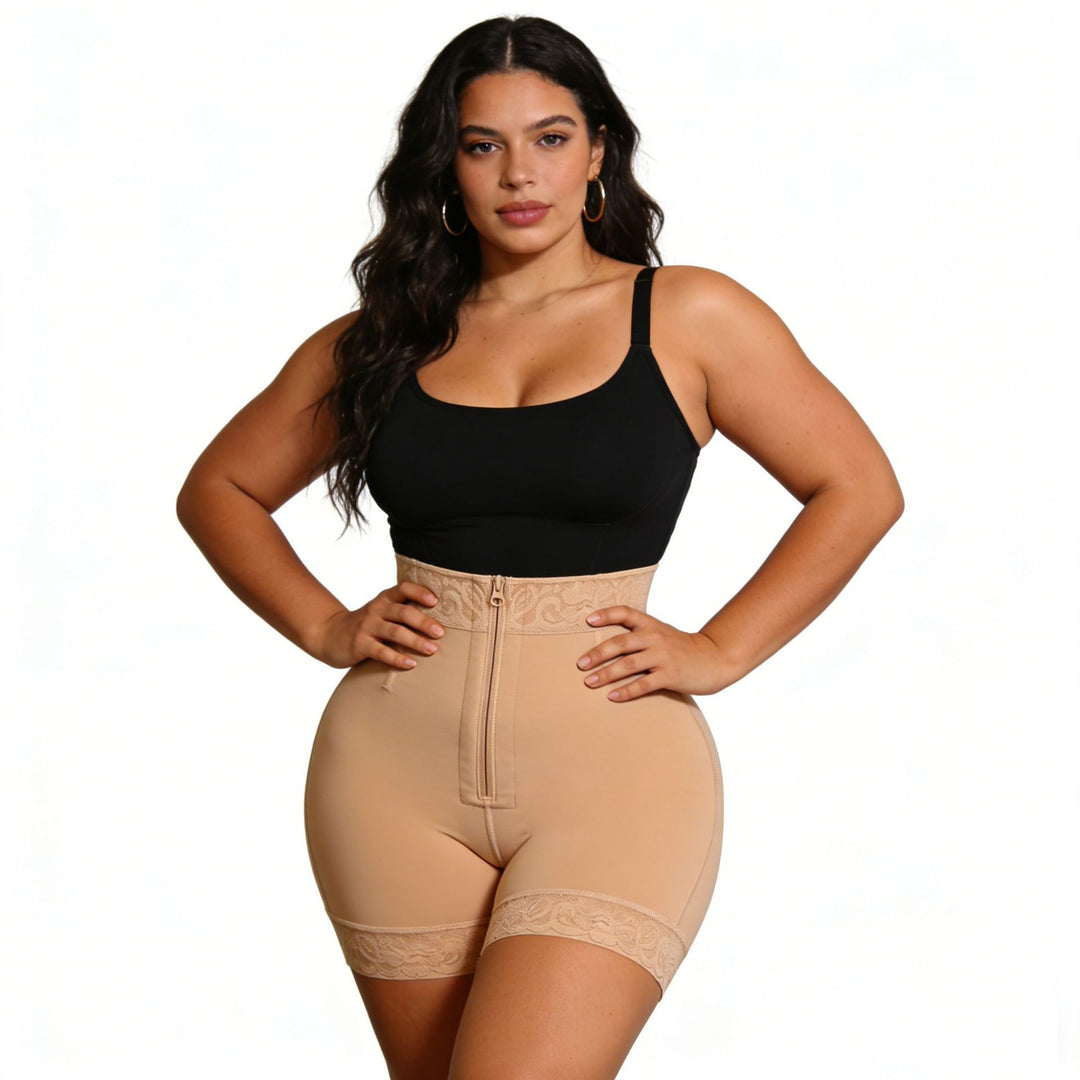High-Waisted Lace Trim Shapewear Shorts, Zipper Tummy Control Body Shaper