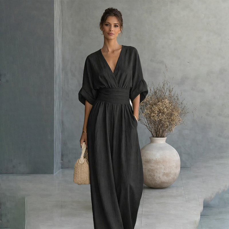 V-neck waist-cinching jumpsuit