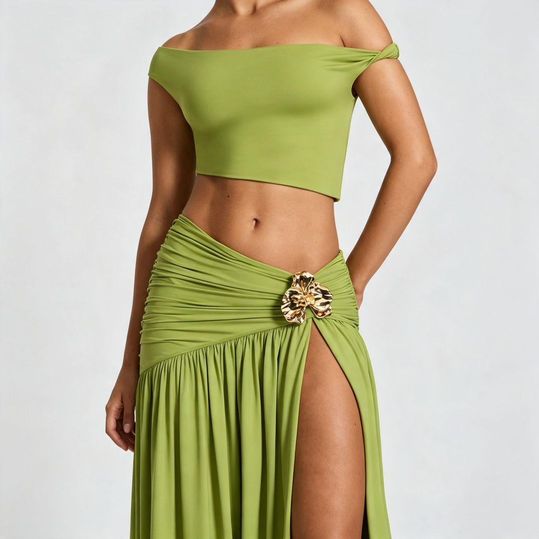 Two-piece set of off-shoulder crop top dress