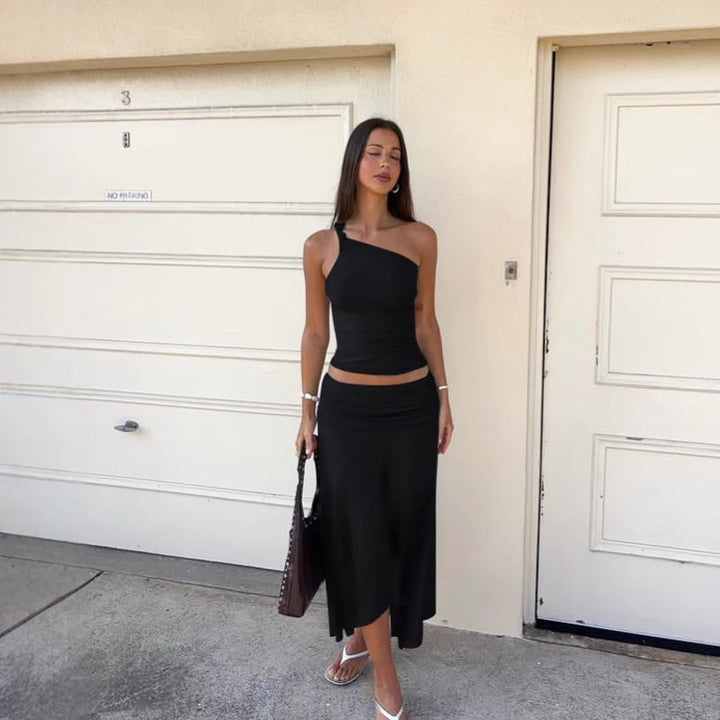 One Shoulder Crop Top Skirt Set