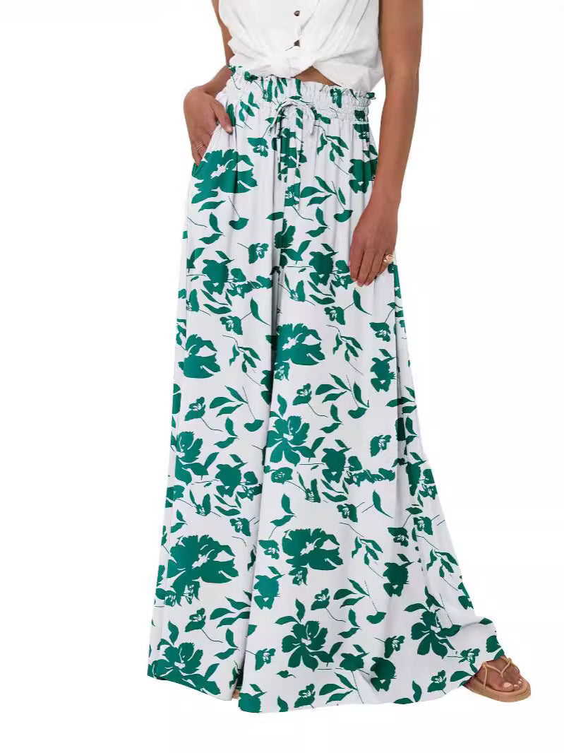 Light Blue Floral Print Elastic Waist Wide Leg Palazzo Pants