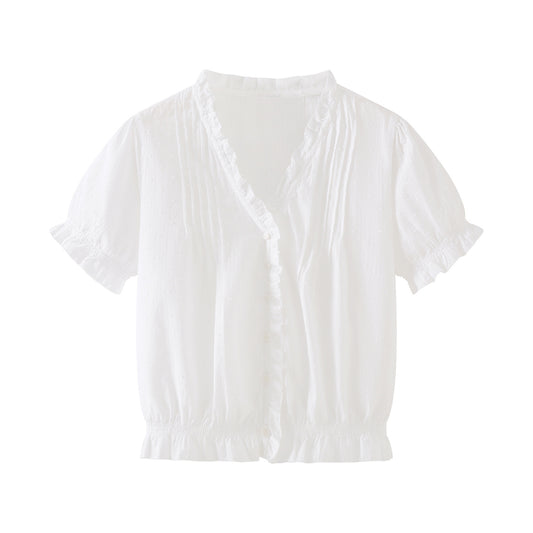 V-Neck Ruffle Puff Sleeve Swiss Dot Blouse | Cinched Waist Babydoll Top