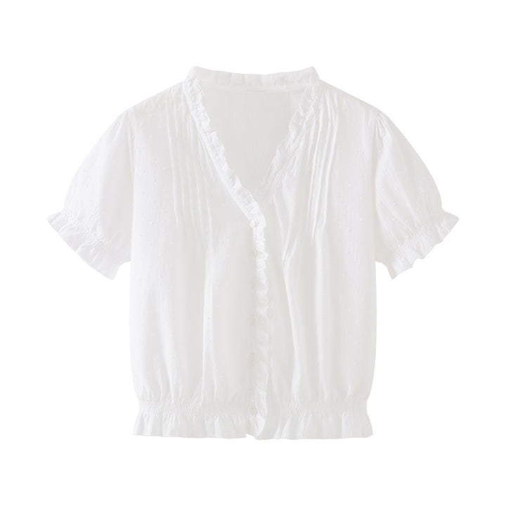 V-Neck Ruffle Puff Sleeve Swiss Dot Blouse | Cinched Waist Babydoll Top