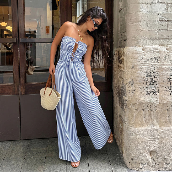 Strapless Keyhole Striped Wide-Leg Jumpsuit