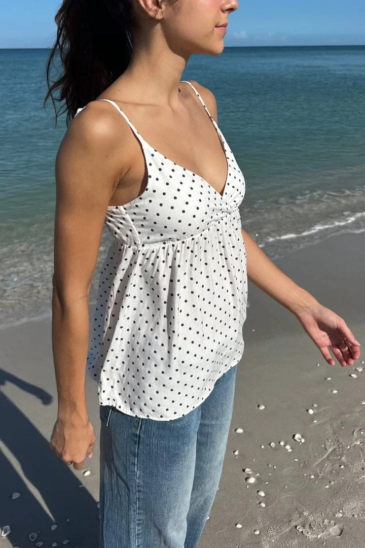 Polka Dot Deep V Babydoll Cami Top | Cream &amp;amp; Black Y2K Sweetheart Peplum Blouse
