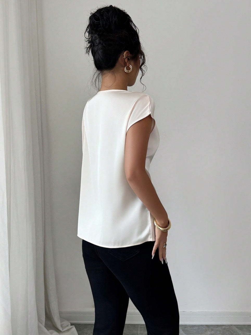 Multi-Color Asymmetrical Neck Satin Blouse with Bow Detail, Elegant Short-Sleeve Top for Women