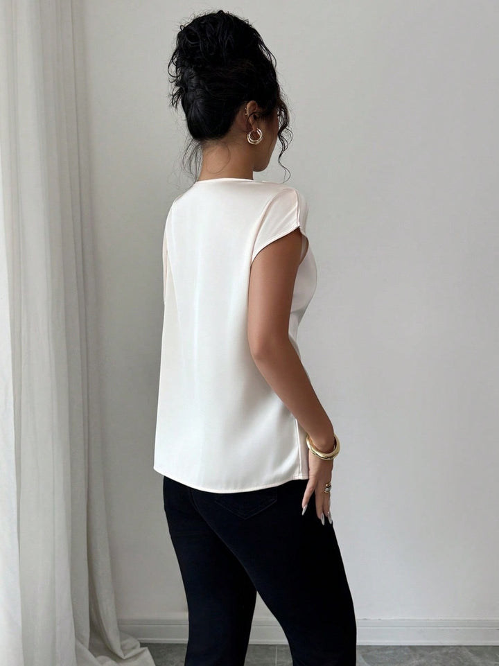 Multi-Color Asymmetrical Neck Satin Blouse with Bow Detail, Elegant Short-Sleeve Top for Women