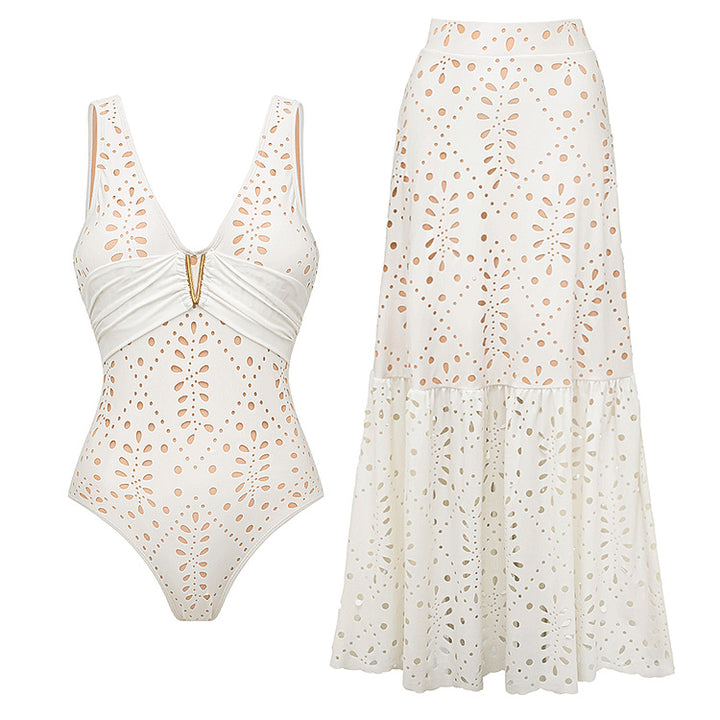 White Laser-Cut One-Piece Swimsuit with Matching Maxi Cover-Up Skirt Set