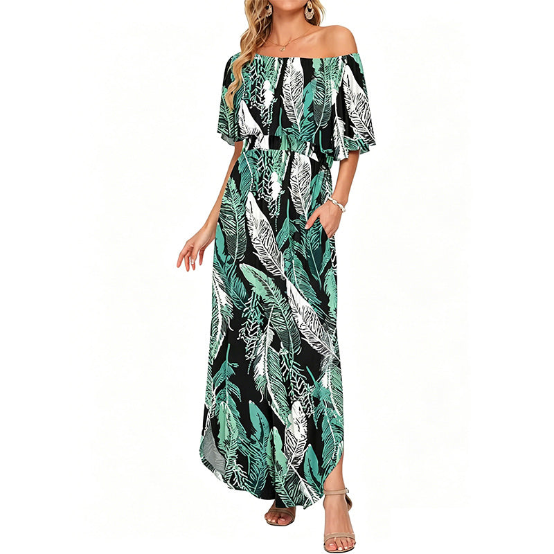 Printed off-shoulder short-sleeved long dress