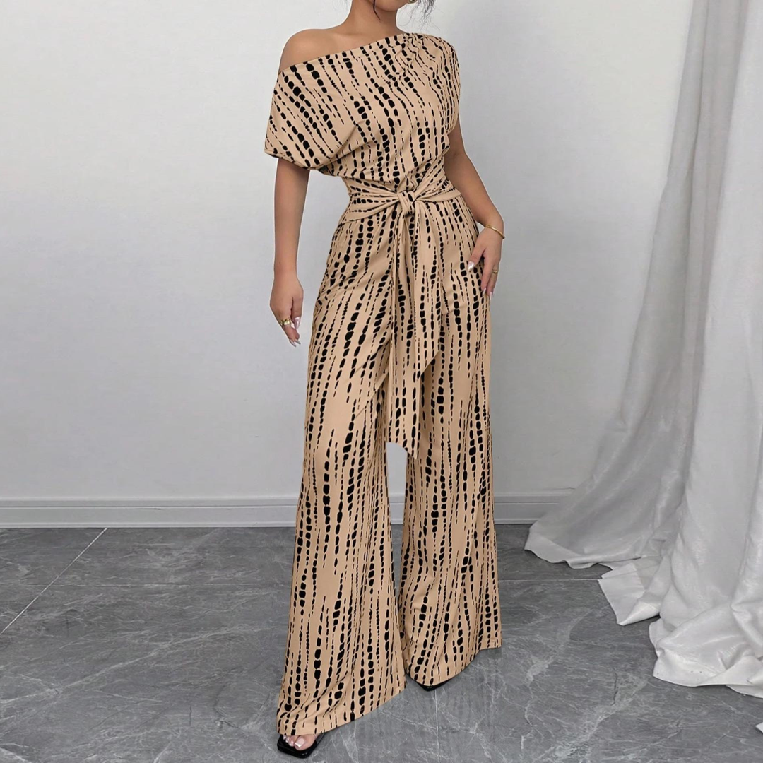 Off Shoulder Belted Wide Leg Jumpsuit