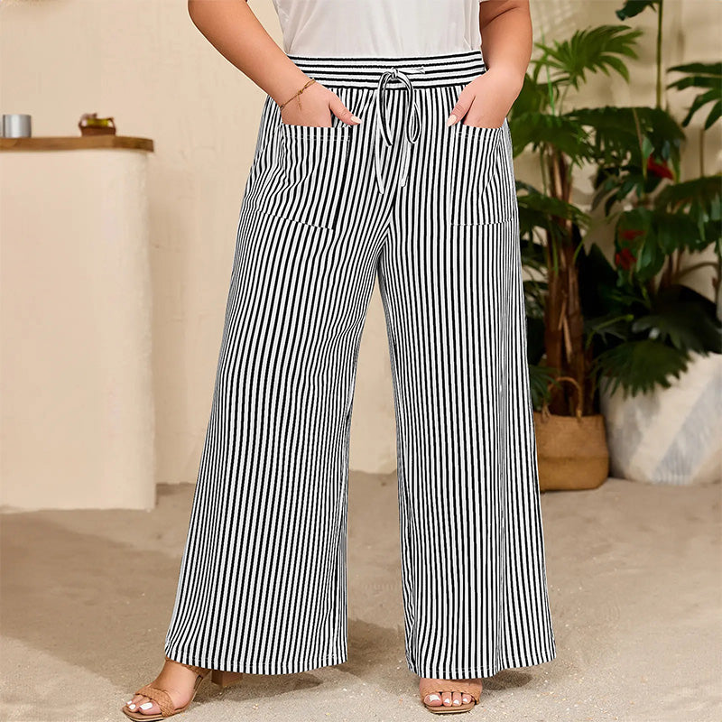 Striped Drawstring Wide Leg Pants With Pockets