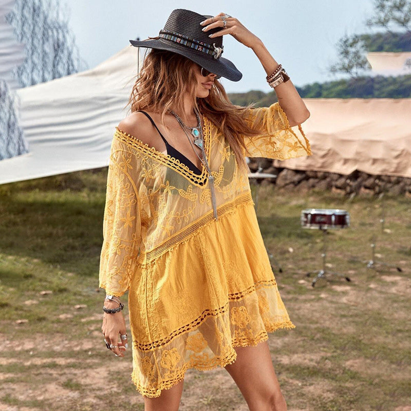 V-neck lace embroidered cover-up