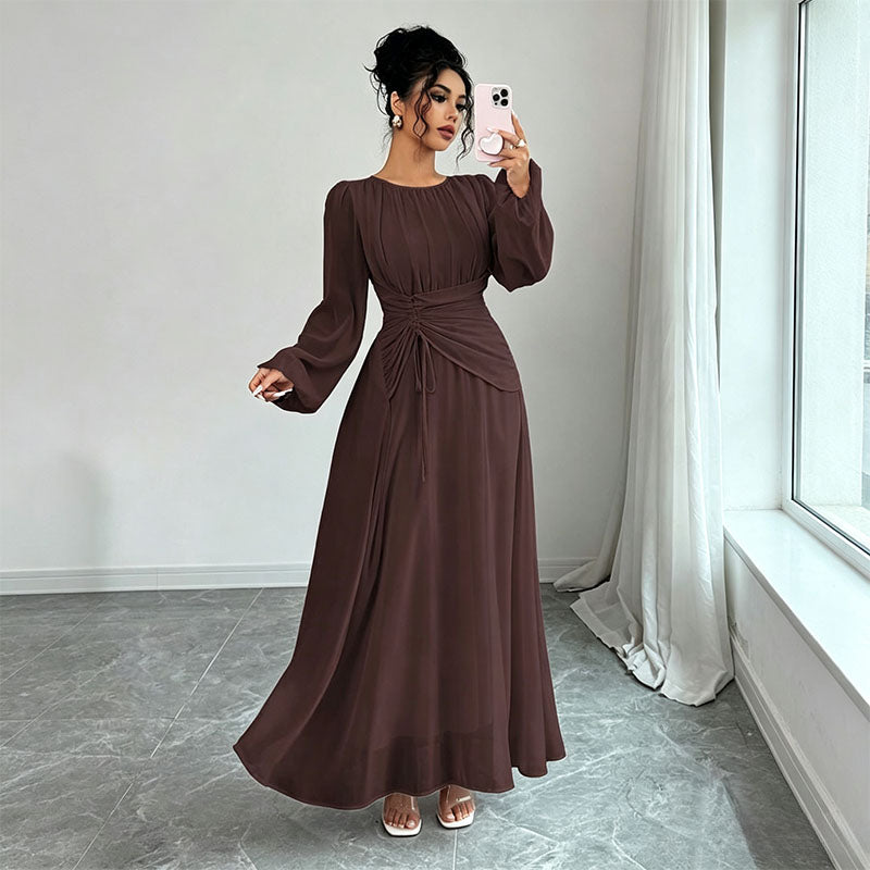 Long Sleeve Ruched Drawstring A-Line Dress