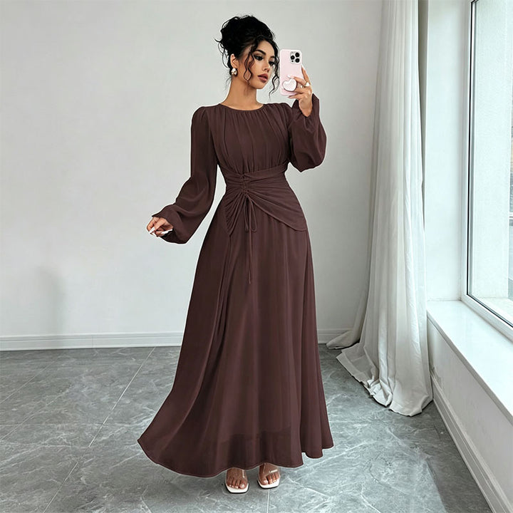 Long Sleeve Ruched Drawstring A-Line Dress