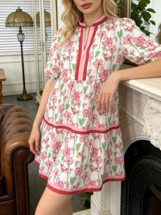 Color Block Trim Blue Floral Puff Sleeve Tiered Mini Dress With Pockets