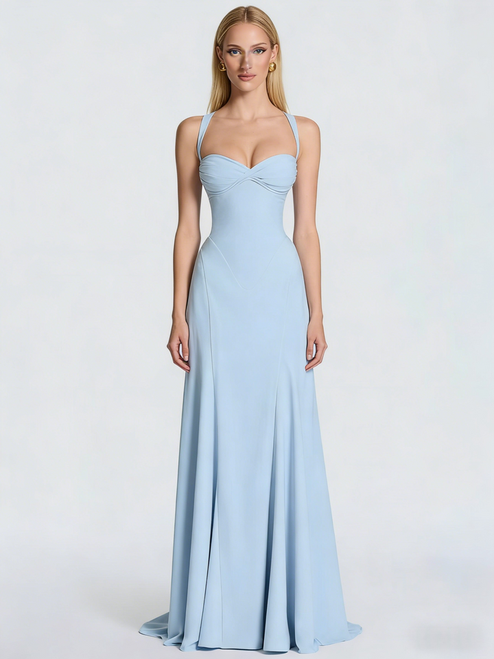 Square Neck Crisscross Open Back A-Line Maxi Dress | Twist Waist Lemon Yellow Evening Gown