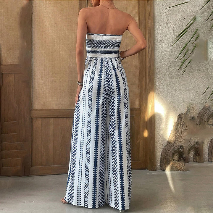 Waist-tie printed jumpsuit with side slits
