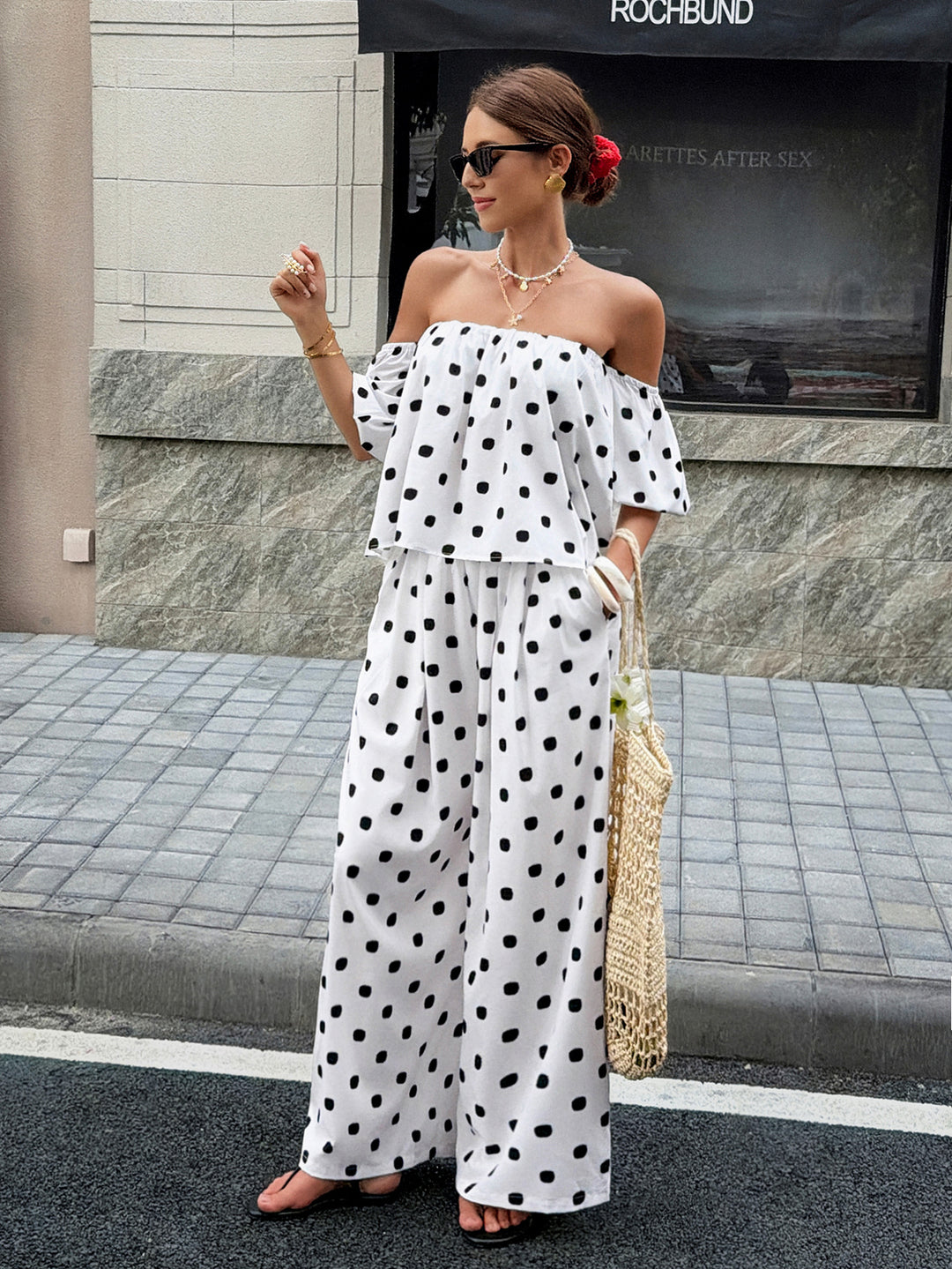 White Polka Dot Off-Shoulder Two-Piece Set