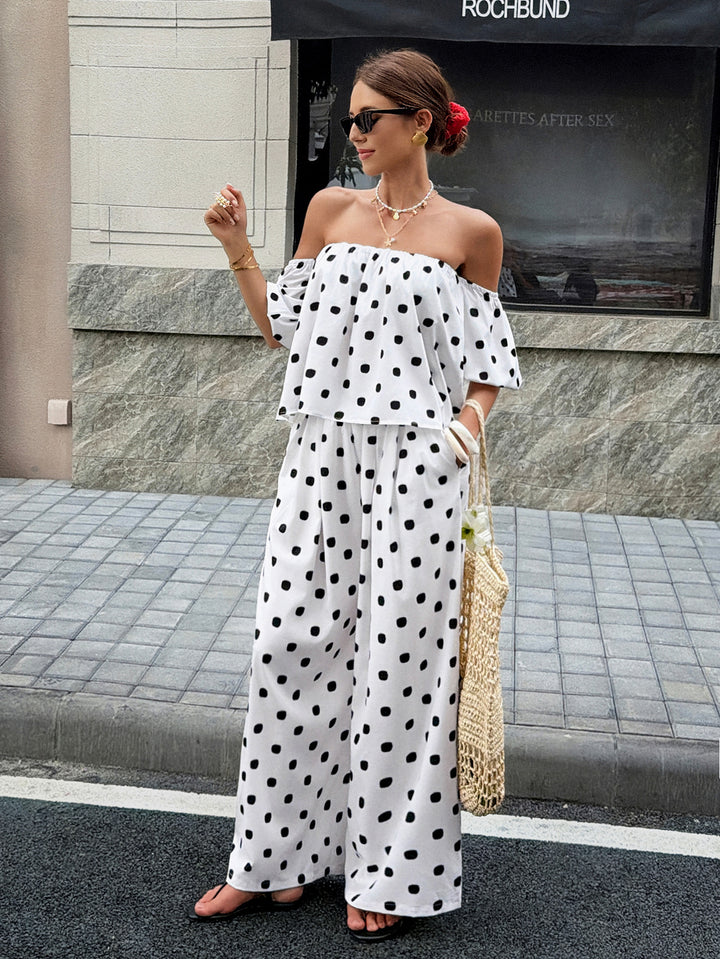 White Polka Dot Off-Shoulder Two-Piece Set