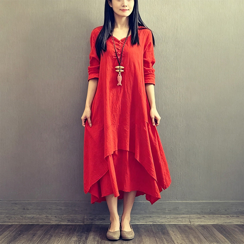 Faux-layered long-sleeved linen maxi dress