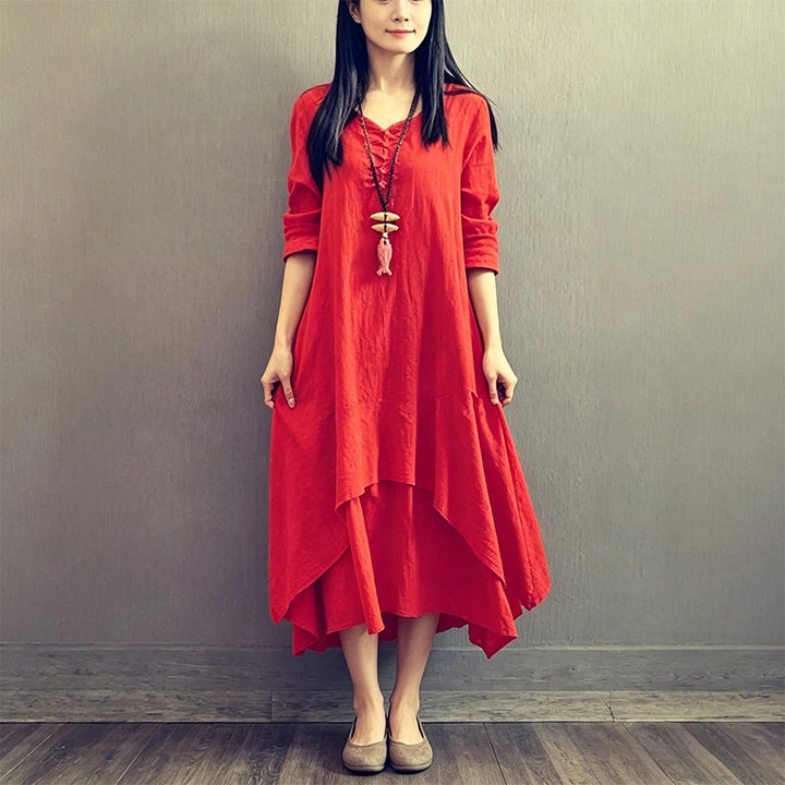 Faux-layered long-sleeved linen maxi dress