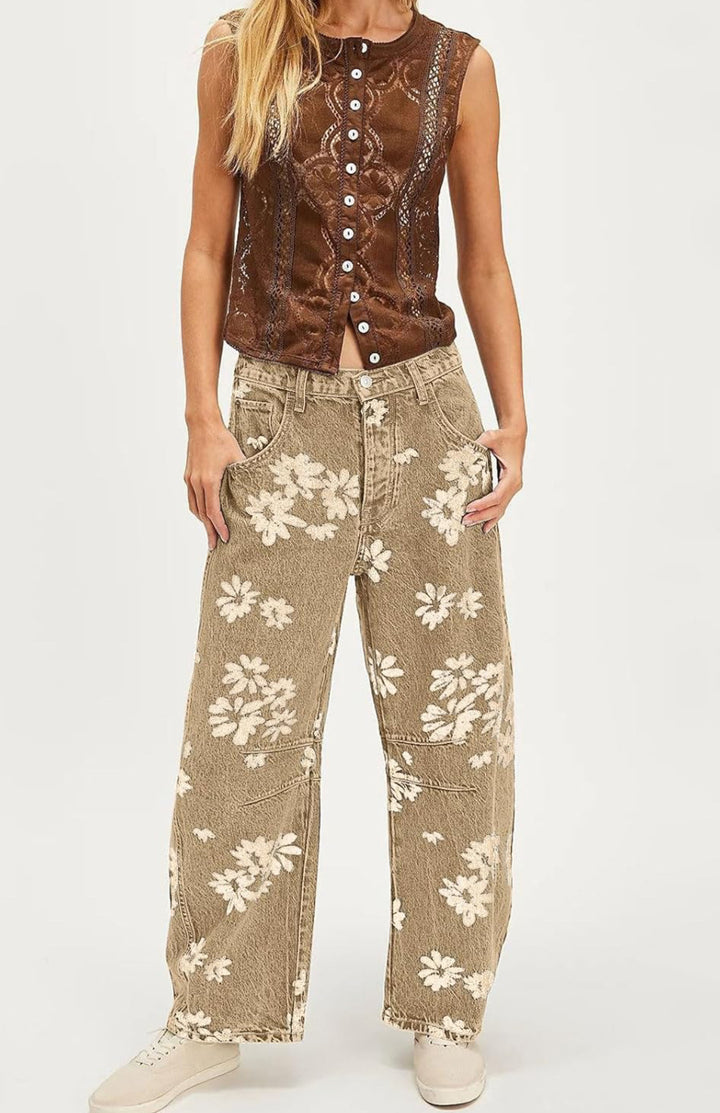 Women Y2k Distressed Barrel Jeans Baggy Wide Leg Jeans Floral Printed Boyfriend Patchwork Denim Pants
