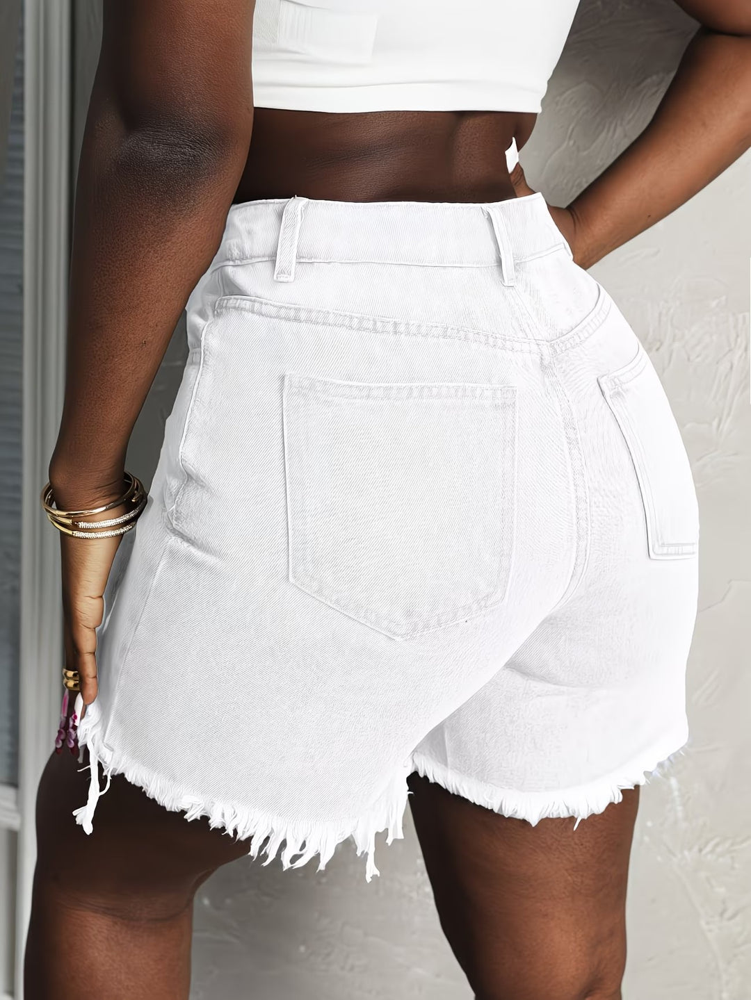 Light Wash Crossover Waist Frayed Denim Shorts