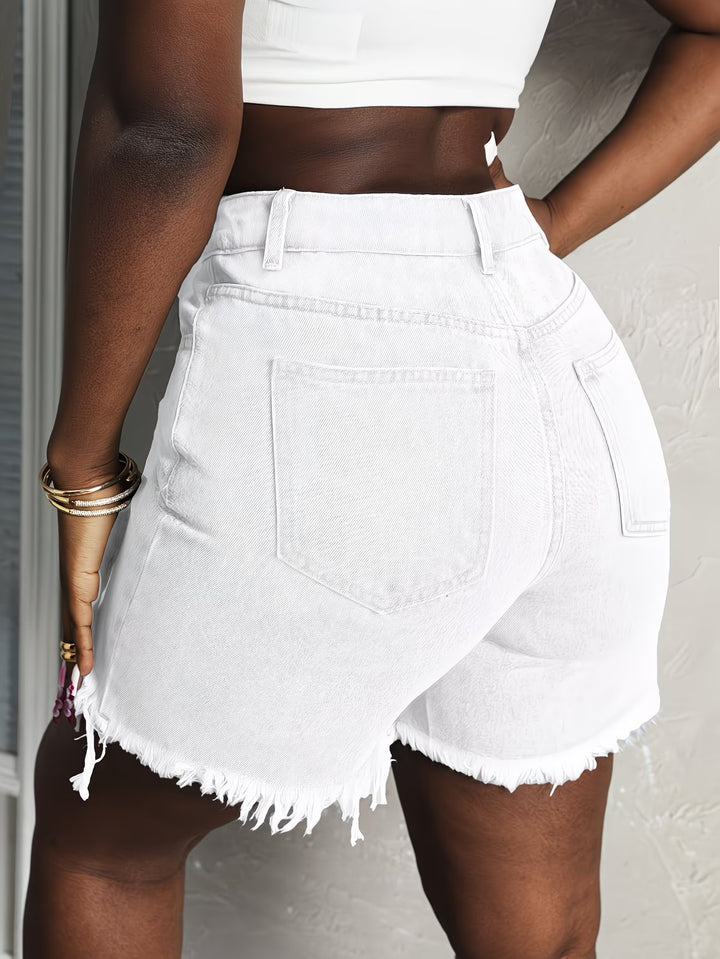 Light Wash Crossover Waist Frayed Denim Shorts