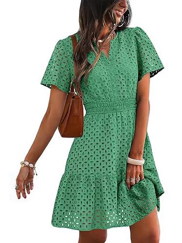 Eyelet Embroidery Short Sleeve Mini Dress, Smocked Waist Casual Summer Dress