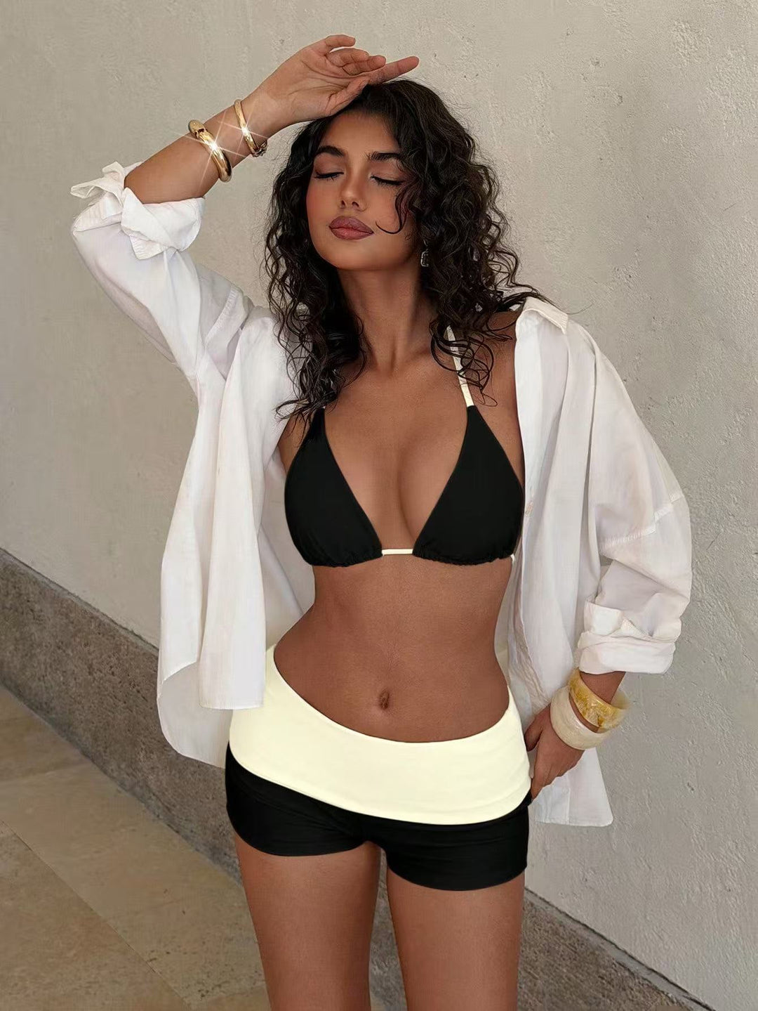 Color-Block Triangle Bikini Set with Boyshort Bottom