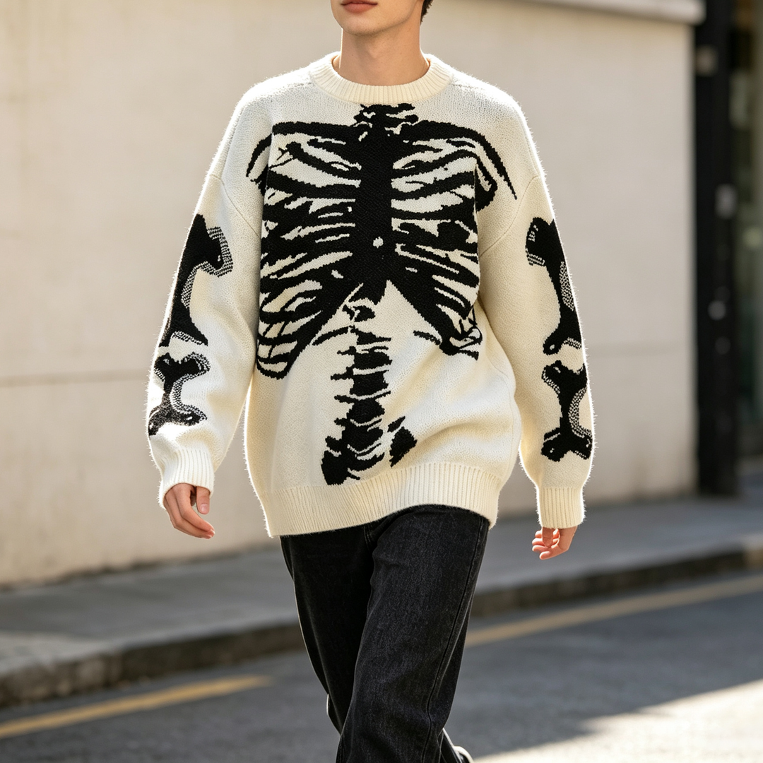 Gothic-style loose-fit knit sweater with skull print