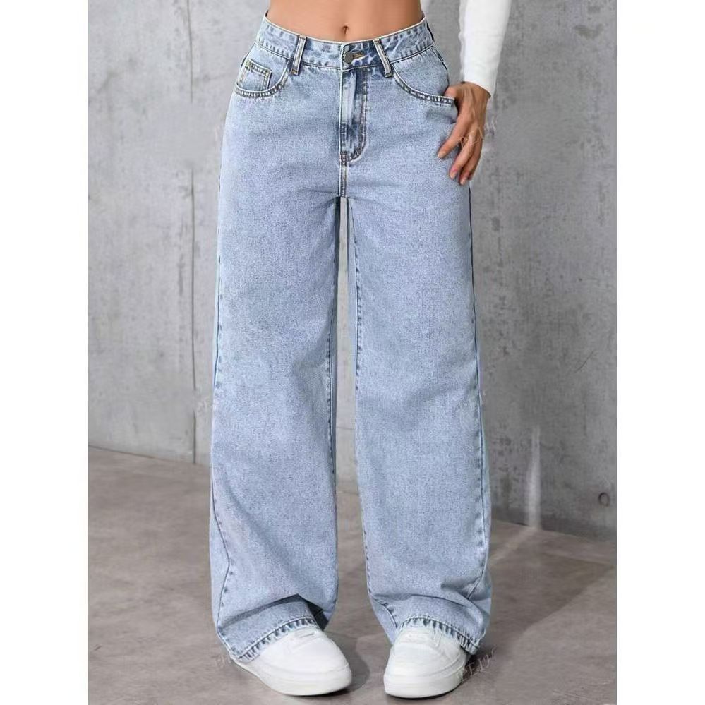 High-Waisted Wide Leg Blue Jeans, Casual Full-Length Denim Pants